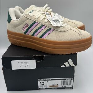 Adidas VL Court Bold Cream Sneakers with Green and Pink Stripes 10womens new